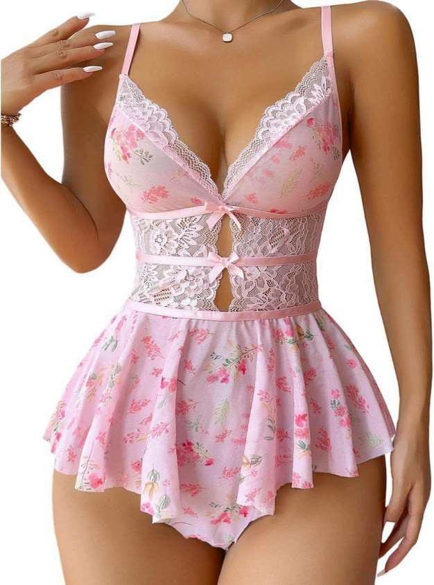 Pink Lace Peplum Babydoll