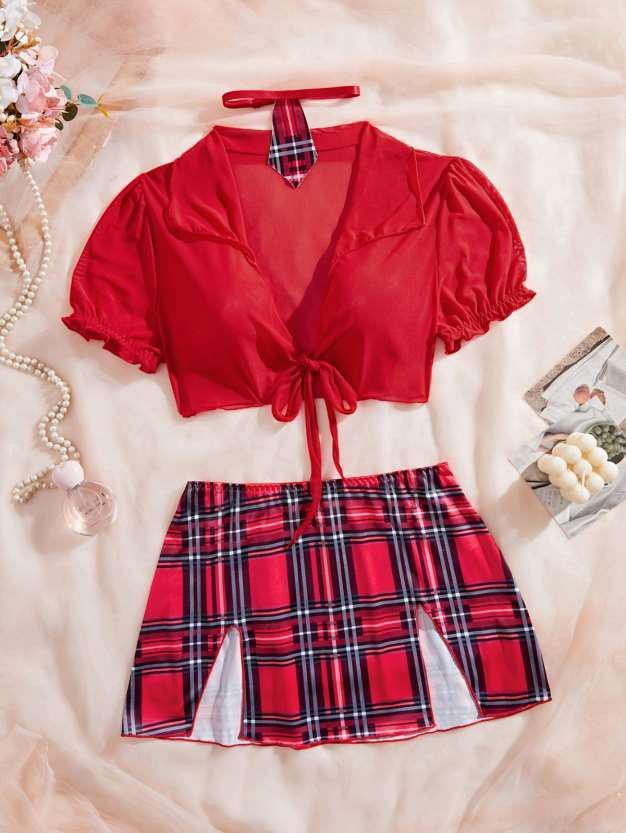 Red Crop Top & Plaid Schoolgirl Skirt